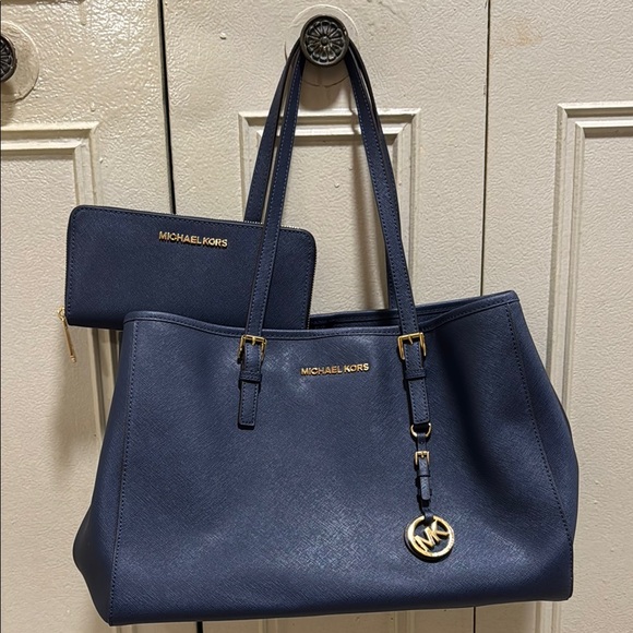 Michael Kors Handbags - Michael Kors Navy Blue Tote Bag and Wallet Set